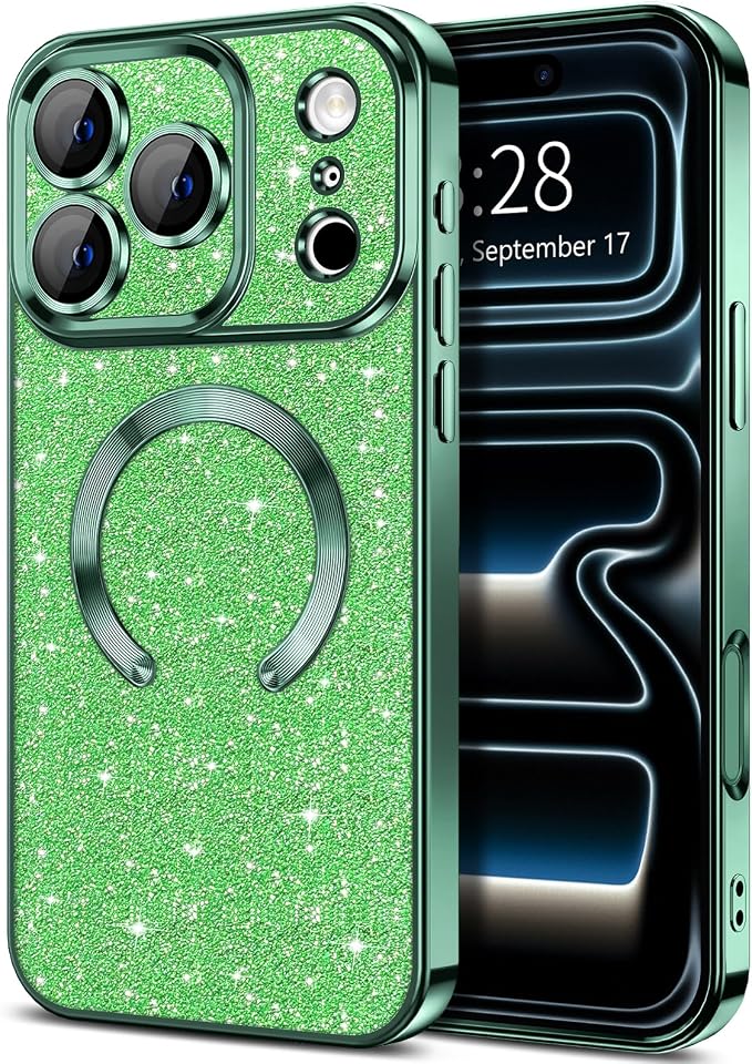 Hython for iPhone 17 Pro Max Case Glitter Clear Magnetic Phone Cases [Compatible with MagSafe] Full Camera Lens Protector Sparkle Luxury Plating Slim Shockproof Protective Cover Women, Green