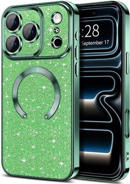 Hython for iPhone 17 Pro Case Glitter Clear Magnetic Phone Cases [Compatible with MagSafe] Full Camera Lens Protector Sparkle Luxury Plating Slim Shockproof Protective Cover Women, Green