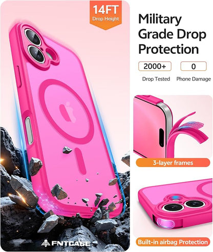 FNTCASE for iPhone 16 Case [Compatible with Magsafe] Translucent Matte Cases with [Screen Protector] Military Grade Shockproof Protective Phone Cover - Hot Pink