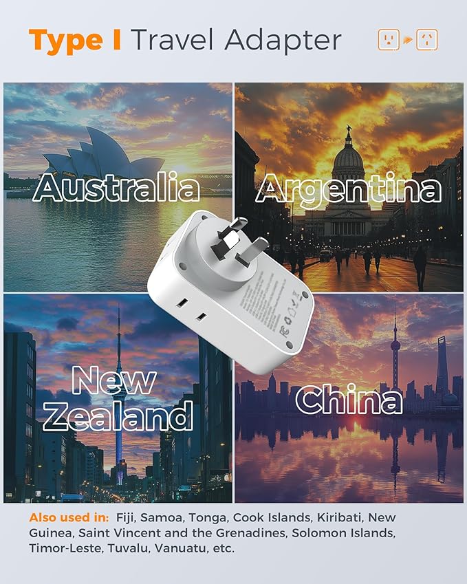 New Zealand Power Adapter 2 Pack, TESSAN PD 20W US to Australia Plug Adapter with 4 AC Outlets 4 USB Ports (2 USB C), Type I Travel Adaptor for USA to Australian Argentina China Fiji AU NZ Samoa