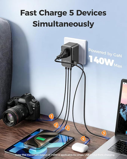 140W Max GaN Universal Travel Adapter for Europe UK US 200+ Countries | 3 USB C 1 USB A & 2500W AC Outlet, International Power Adapter Fast Charger Compatible for MacBook Pro/Air, iPhone, Laptop