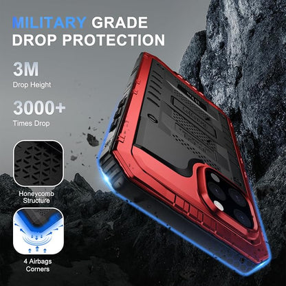 Beasyjoy for iPhone 15 Pro Case Waterproof, Metal Heavy Duty Full Body Protective Case with Built-in Screen Protector, Military Grade Shockproof Dustproof Defender Case for iPhone 15 Pro 6.1", Red
