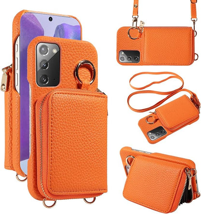 Wallet Case for Samsung Galaxy Note 20 5G with Shoulder Strap Ring Buckle, PU Leather Flip Organ Purse, Card Holder Stand Phone Cover for Note20 Notes 20s Twenty Not S20 Women Men Orange