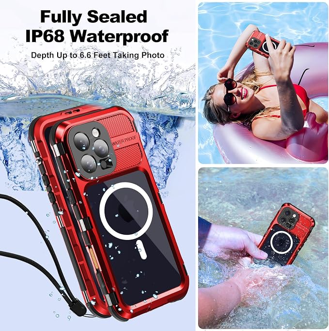 WIFORT for iPhone 16 Pro Waterproof Case - Metal Heavy Duty [Built-in Screen Protector] [14FT Military Shockproof] [Fit for MagSafe], IP68 Full Body Rugged Water Proof Magnetic Cover, 6.3" Red