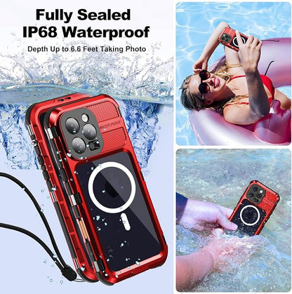 WIFORT for iPhone 16 Pro Waterproof Case - Metal Heavy Duty [Built-in Screen Protector] [14FT Military Shockproof] [Fit for MagSafe], IP68 Full Body Rugged Water Proof Magnetic Cover, 6.3" Red