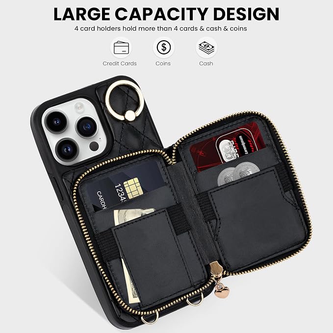 Keallce Case for iPhone 15 Pro Max 6.7'' Wallet Case, Crossbody Zipper Purse Handbag Wristlet for Women, RFID Blocking Card Holders, 360° Ring Kickstand Flip Leather Cover for iPhone 15 Pro Max, Black