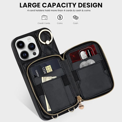 Keallce Case for iPhone 15 Pro Max 6.7'' Wallet Case, Crossbody Zipper Purse Handbag Wristlet for Women, RFID Blocking Card Holders, 360° Ring Kickstand Flip Leather Cover for iPhone 15 Pro Max, Black