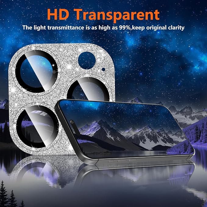 Camera Lens Protector for iPhone 16 Pro/iPhone 16 Pro Max, Glitter Camera Cover with 9H Tempered Glass Metal Ring, Camera Protector for iPhone 16 Pro/iPhone 16 Pro Max (Glitter - Silver)