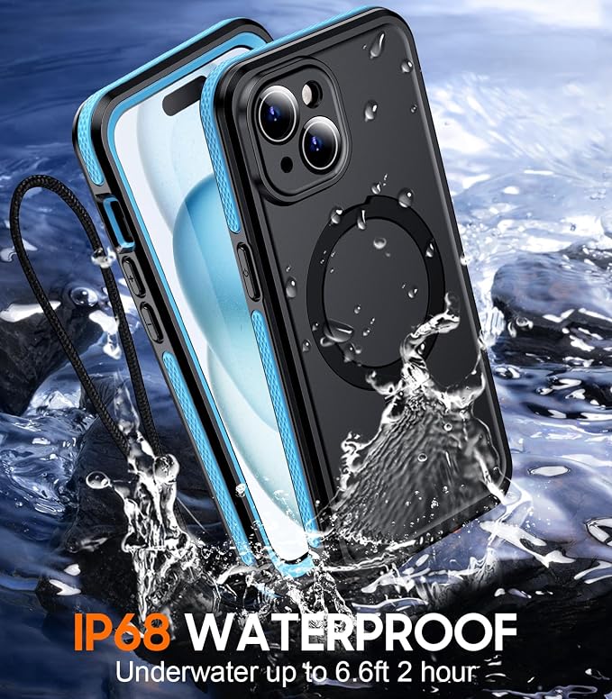 Temdan Magnetic for iPhone 15 Case Waterproof, [Built-in Ring Invisible Stand & Screen Protector][IP68 Underwater][Dropproof][Dustproof][Real 360] Shockproof Protective Phone Case 6.1'' -Blue