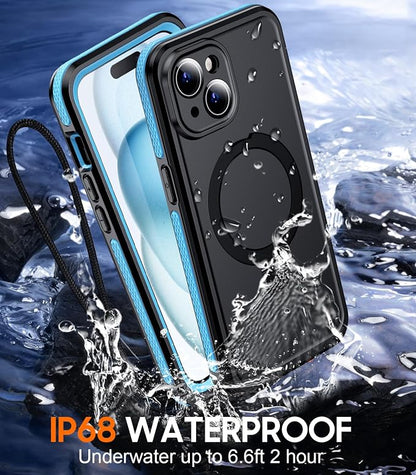 Temdan Magnetic for iPhone 15 Case Waterproof, [Built-in Ring Invisible Stand & Screen Protector][IP68 Underwater][Dropproof][Dustproof][Real 360] Shockproof Protective Phone Case 6.1'' -Blue