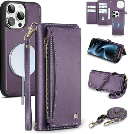 Wallet Case for iPhone 15 Pro Max with Card Holder/Crossbody Wallet/Strap| RFID Blocking | Magnetic | Kickstand | Detachable | PU Leather Phone Case for iPhone 15 Pro Max,6.7 in,Purple