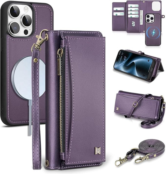 Wallet Case for iPhone 15 Pro Max with Card Holder/Crossbody Wallet/Strap| RFID Blocking | Magnetic | Kickstand | Detachable | PU Leather Phone Case for iPhone 15 Pro Max,6.7 in,Purple