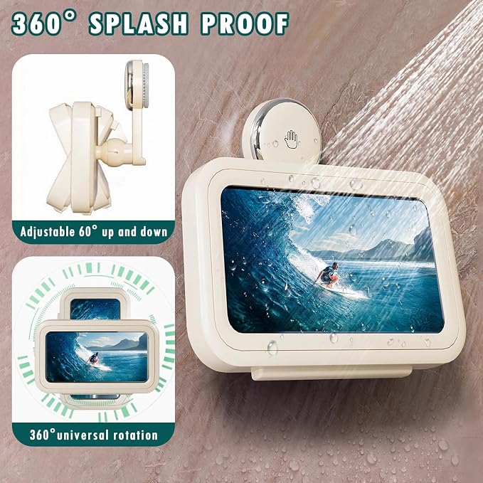 Shower Phone Holder Waterproof, 480° Rotating Wall Mount Adjustable Suction Cup Shower Phone Holder with HD Touch Screen, Fog-Proof Bathroom Case for 4-7 Inch Phones
