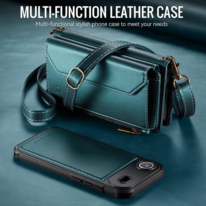 Strapurs for iPhone Air Detachable Wallet Case Compatible with Magsafe for Women, RFID Blocking 9-Card Holder Zipper Strap Lanyard PU Leather Magnetic Phone Case for iPhone 17 Air 6.5", Blue Green