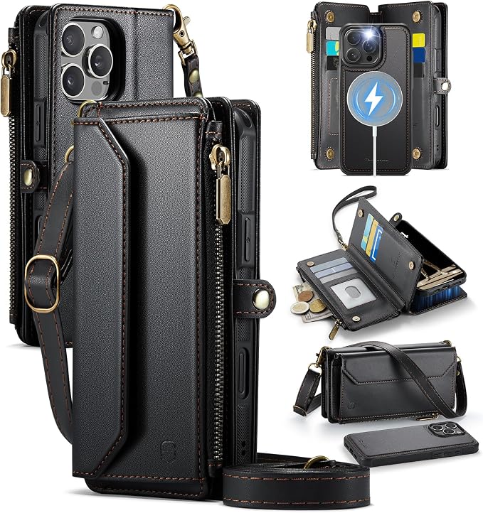 Strapurs for iPhone 16 Pro Detachable Wallet Case Compatible with Magsafe for Women, RFID Blocking 9-Card Holder Zipper Wrist Strap Lanyard PU Leather Magnetic Phone Case for iPhone 16 Pro 6.3", Black
