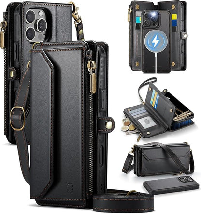 Strapurs for iPhone 16 Pro Max Detachable Wallet Case Compatible with Magsafe, RFID Blocking 9-Card Holder Zipper Strap Lanyard PU Leather Magnetic Phone Case for iPhone 16 Pro Max 6.9", Black