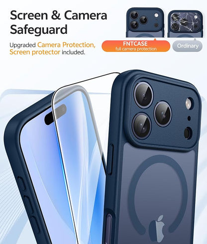 FNTCASE for iPhone 17 Pro Max Case: [Compatible with Magsafe] Translucent Matte Cases with [Full Camera Protection] [Screen Protector] Military Grade Shockproof Protective Phone Cover - Blue