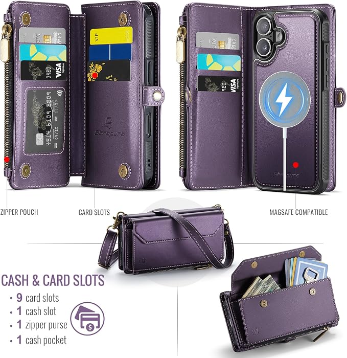 Strapurs for iPhone 16 Detachable Wallet Case Compatible with Magsafe for Women, RFID Blocking 9-Card Holder Zipper Wrist Strap Lanyard PU Leather Magnetic Phone Case for iPhone 16 6.1", Purple