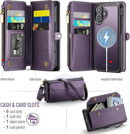 Strapurs for iPhone 16 Detachable Wallet Case Compatible with Magsafe for Women, RFID Blocking 9-Card Holder Zipper Wrist Strap Lanyard PU Leather Magnetic Phone Case for iPhone 16 6.1", Purple
