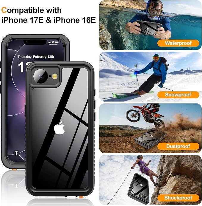 ANTSHARE for iPhone 17E/16E Case IP68 Waterproof, with Built-in Lens/Screen Protector, Military Drop Protection, Shockproof Rugged Phone Case for Swimming/Outdoor (6.1", Black/Clear)