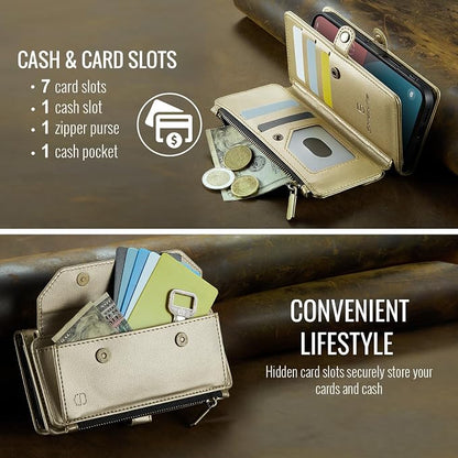 Strapurs Wallet Case Compatible with iPhone 16 6.1" RFID Blocking 7-Card Holder Soft PU Leather Magnetic Snap Shoulder Strap Zipper Pocket Phone Case Fit for iPhone 16 for Women - Gold