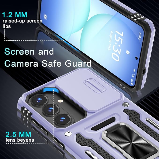 DEERLAMN Case for Samsung Galaxy S26 6.3-Inch with Slide Camera Cover+Screen Protector(1 Pack), Rotated Ring Kickstand Military Grade Shockproof Protective Cover-Light Purple
