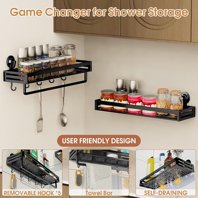 Shower Caddy Suction Cup, 15.7 inch 2 Pack Suction Shower Shelf with Hooks NO-Drilling Bathroom Holder, Rustproof Bathroom Organizer, Black,Includes 2 Extra Suction Cups for Replacement Use