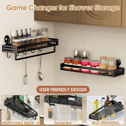 Shower Caddy Suction Cup, 15.7 inch Suction Shower Shelf with Hooks NO-Drilling Bathroom Holder, Rustproof Bathroom Organizer, Black
