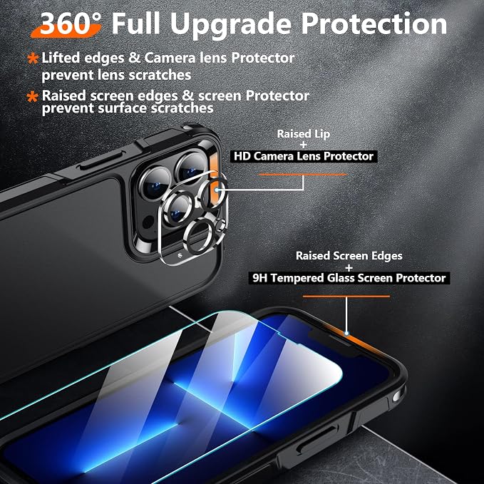 Red2Fire for iPhone 13 Pro Max Case, with 2X [Glass Screen Protector + Camera Lens Protector][12 FT Military Dropproof] Rugged Heavy Duty Full-Body Shockproof Phone Case Cover 6.7 inch-Black