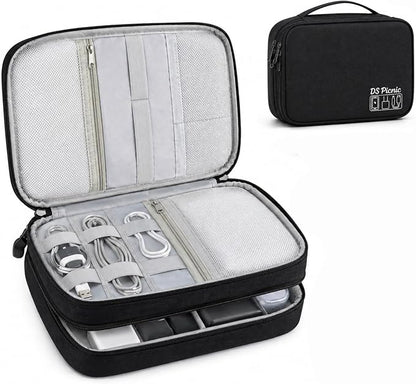 Electronic Organizer Travel Essentials Case, Waterproof Double Layer Cable Storage Pouch Bag for Charger, USB Cords, Power Bank, Phone Mouse SD Card Earphone Camera, Tablet (Up to 11 inch)