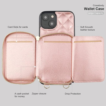 Bocasal Crossbody Wallet Case for iPhone 14, RFID Blocking PU Leather Zipper Handbag Purse Flip Cover, Kickstand Folio Case with Card Slots Holder Wrist Strap Lanyard 5G 6.1 Inch (Rose Gold)