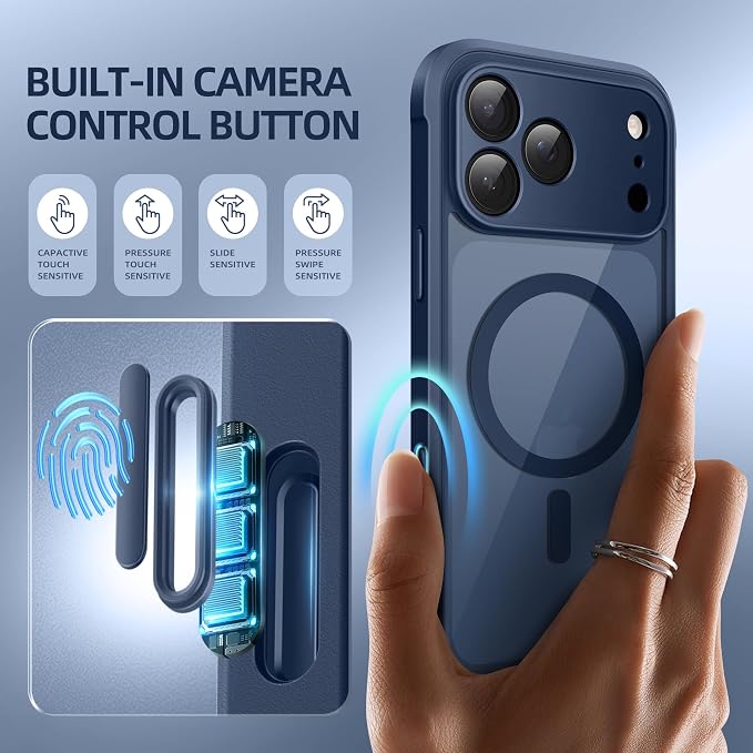 BERFY for iPhone 17 Pro Case, Compatible with MagSafe, Built-in Glass Screen Protector, Camera Protection, Shockproof Full Body Phone case 6.3", Clear Deep Blue