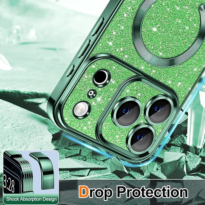 Hython for iPhone 17 Pro Max Case Glitter Clear Magnetic Phone Cases [Compatible with MagSafe] Full Camera Lens Protector Sparkle Luxury Plating Slim Shockproof Protective Cover Women, Green