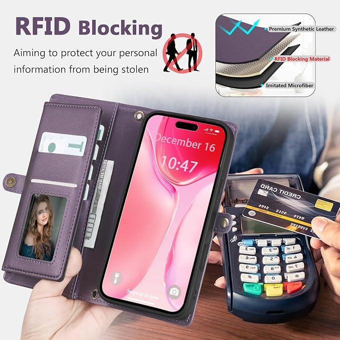 Wallet Case for iPhone 15 Plus with Card Holder/Crossbody Wallet/Strap| RFID Blocking | Magnetic | Kickstand | Detachable | PU Leather Phone Case for iPhone 15 Plus,6.7 in,Purple