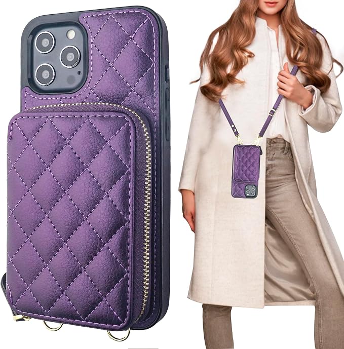 Bocasal Crossbody Wallet Case for iPhone 12 Pro Max, RFID Blocking PU Leather Zipper Handbag Purse Flip Cover, Kickstand Folio Case with Card Slots Holder Wrist Strap Lanyard 5G 6.7 Inch (Dark Purple)