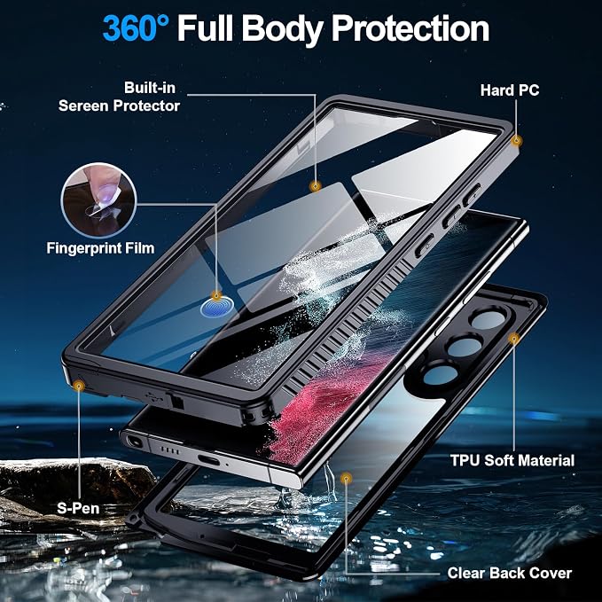 MOZOTER for Samsung Galaxy S22 Ultra Case Waterproof,[IPX8 Underwater Case][Full Body Shockproof & Military Dropproof]Clear Sound Quality Built-in Screen Protector for Samsung S22 Ultra 6.8 inch-Black