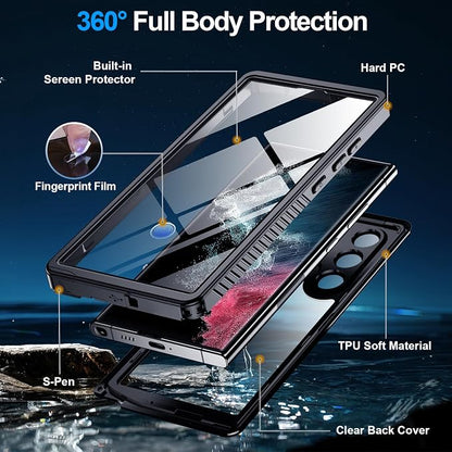 MOZOTER for Samsung Galaxy S22 Ultra Case Waterproof,[IPX8 Underwater Case][Full Body Shockproof & Military Dropproof]Clear Sound Quality Built-in Screen Protector for Samsung S22 Ultra 6.8 inch-Black