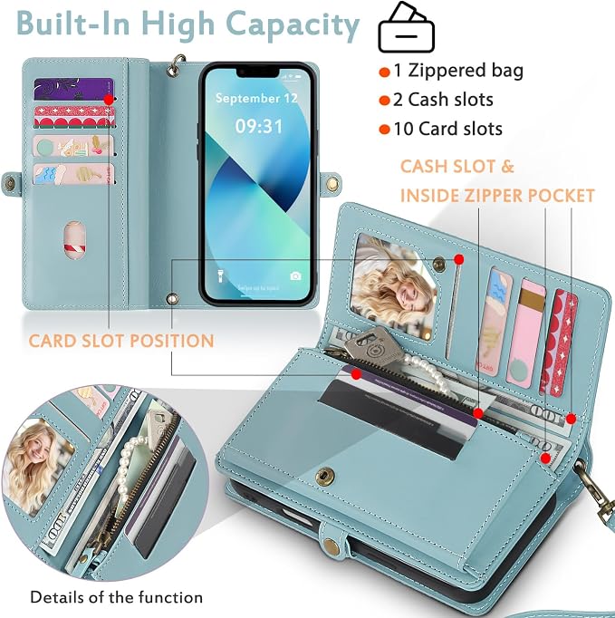 for Wallet Case Compatible with iPhone 13,Multi-Function Detachable 2 in 1 Magnetic iPhone 13 Case Wallet,Flip Strap Zipper Card Holder Phone Case with Shoulder Straps (Blue)