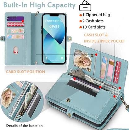 for Wallet Case Compatible with iPhone 13,Multi-Function Detachable 2 in 1 Magnetic iPhone 13 Case Wallet,Flip Strap Zipper Card Holder Phone Case with Shoulder Straps (Blue)