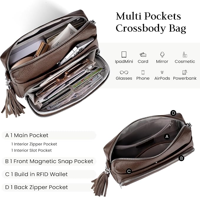 befen Genuine Leather Crossbody Purses for Women Small Crossbody Bags Purse with Built in RFID Blocking Wallet
