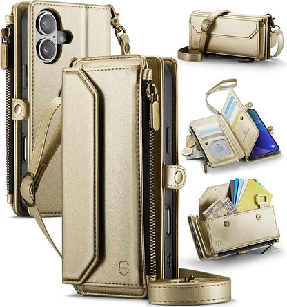 Strapurs Wallet Case Compatible with iPhone 16 Plus 6.7" RFID Blocking 10-Card Holder Soft PU Leather Magnetic Snap Shoulder Strap Zipper Pocket Phone Case Fit for iPhone 16 Plus - Gold