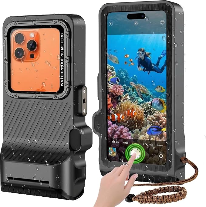 Diving Phone Case for iPhone 17 16 15 14 13 Pro Max Galaxy S25 S24 S23 Ultra, 50ft/15m Professional Waterproof Underwater Case with Real Touchscreen, Universal Camera Housing for Snorkeling (Black)
