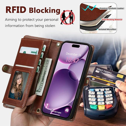 Wallet Case for iPhone 16 Plus with Card Holder/Crossbody Wallet/Strap| RFID Blocking | Magnetic | Kickstand | Detachable | PU Leather Phone Case for iPhone 16 Plus,6.7 in,Brown