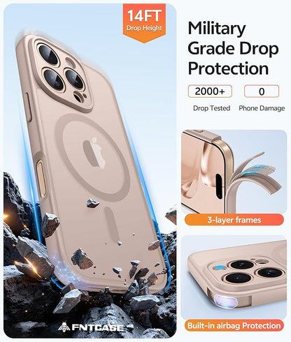FNTCASE for iPhone 16 Pro Case: [Compatible with Magsafe] Translucent Matte Cases with [Full Camera Protection] [Screen Protector] Military Grade Shockproof Protective Phone Cover - Desert Gold