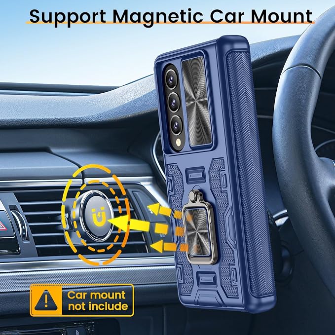 VEGO for Galaxy Z Fold 4 Case, with Slide Camera Cover & Hinge Protection | Built-in Screen Protectot & 360°Magnetic Rotating Ring Kickstand Protective Case for Samsung Galaxy Z Fold 4 5G-Blue