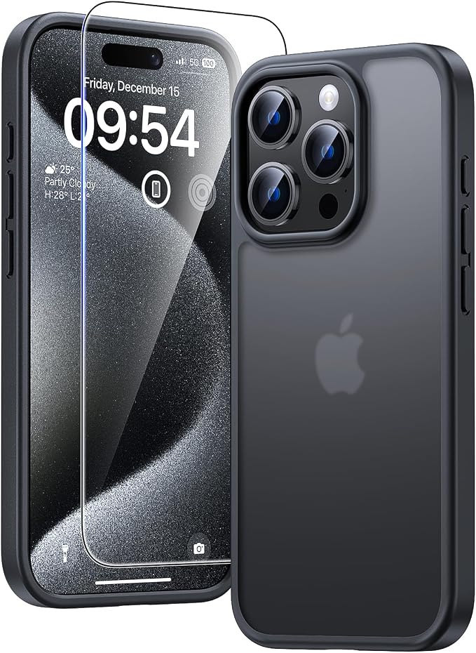 TAURI for iPhone 15 Pro Case Matte Black, Translucent Matte with Screen Protector, [Military Grade Protection] Shockproof Slim Case for iPhone 15 Pro, 6.1"
