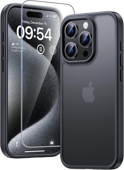 TAURI for iPhone 15 Pro Case Matte Black, Translucent Matte with Screen Protector, [Military Grade Protection] Shockproof Slim Case for iPhone 15 Pro, 6.1"