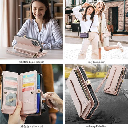 Strapurs Wallet Case Compatible with iPhone 16 Pro Max 6.9" RFID Blocking 10-Card Holder Soft PU Leather Magnetic Snap Shoulder Strap Zipper Pocket Phone Case Fit for iPhone 16 Pro Max - Rose Gold | 6.9", RFID Blocking, 10-Card Holder, Soft PU Leather,...