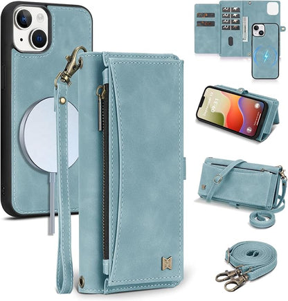 Wallet Case for iPhone 14 Plus with Card Holder/Crossbody Wallet/Strap| RFID Blocking | Magnetic | Kickstand | Detachable | PU Leather Phone Case for iPhone 14 Plus,6.7 in,Blue