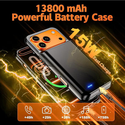 Battery Case for iPhone 17 Pro Max (6.9 inch), 2026 Upgraded High Capacity 13800mAh Battery Pack Rechargeable Charger External Charging Case with Tempered Glass Screen Protector Black